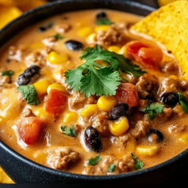 High protein creamy taco soup in a bowl, garnished with cilantro and cheese.