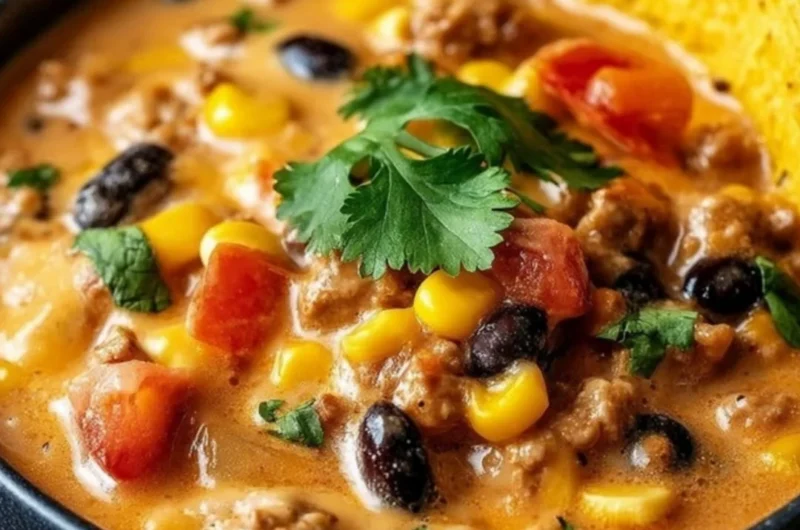 High protein creamy taco soup in a bowl, garnished with cilantro and cheese.