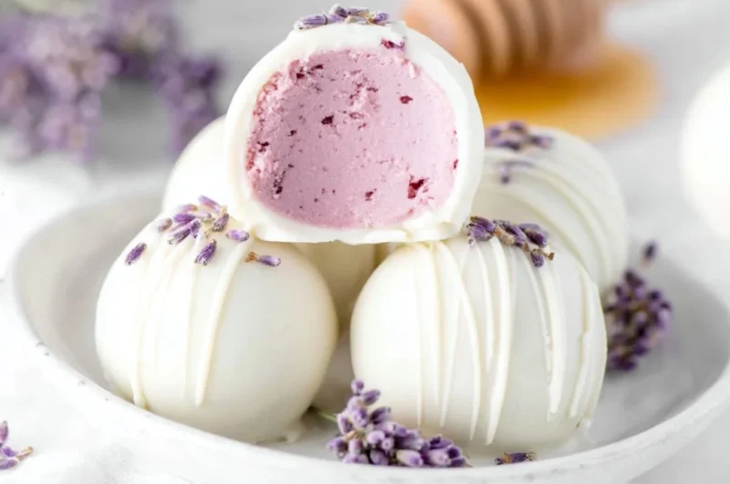 Honey lavender white chocolate truffles, a delightful sweet treat.