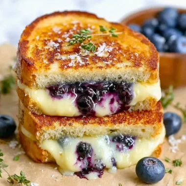 Juicy blueberry grilled cheese sandwich with melted cheese and blueberries