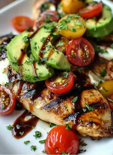 Juicy Grilled California Avocado Chicken garnished with fresh herbs