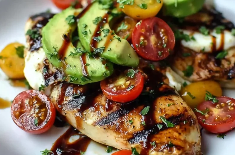 Juicy Grilled California Avocado Chicken garnished with fresh herbs