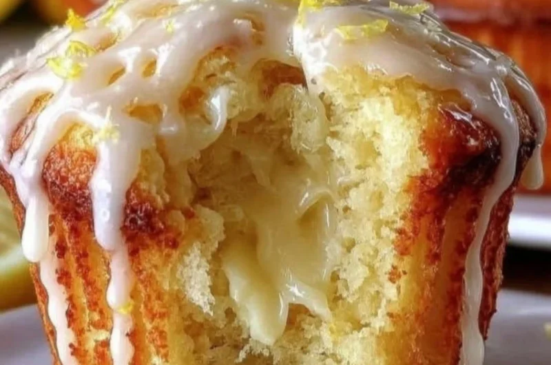 Freshly baked lemon cream cheese muffins on a plate