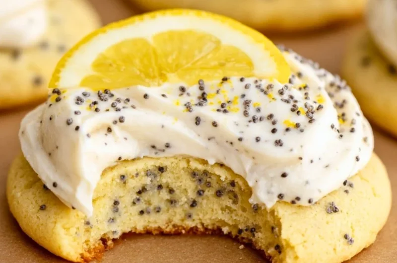 Lemon poppy seed cookies topped with creamy cheesecake frosting