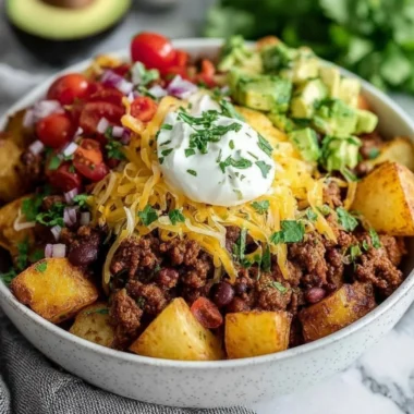 Delicious Loaded Potato Taco Bowl topped with fresh ingredients and cheese