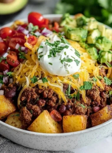 Delicious Loaded Potato Taco Bowl topped with fresh ingredients and cheese