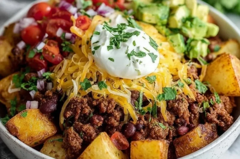 Delicious Loaded Potato Taco Bowl topped with fresh ingredients and cheese