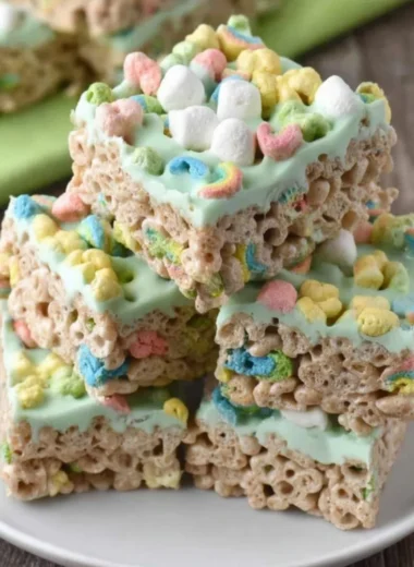 Colorful Lucky Charms Treats decorated for St. Patrick's Day.