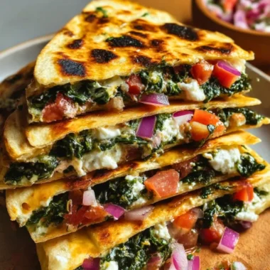 Mediterranean Quesadillas with spinach, feta, mozzarella, and red onion