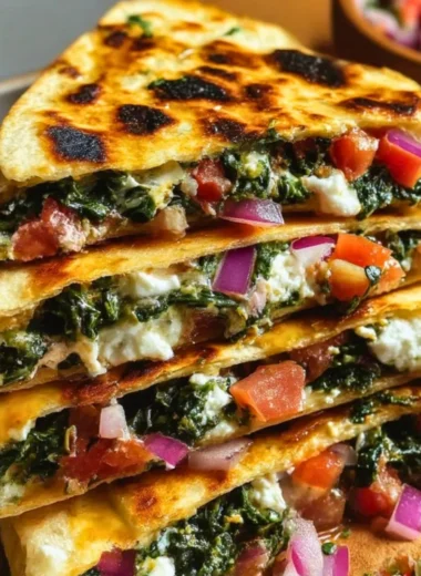 Mediterranean Quesadillas with spinach, feta, mozzarella, and red onion