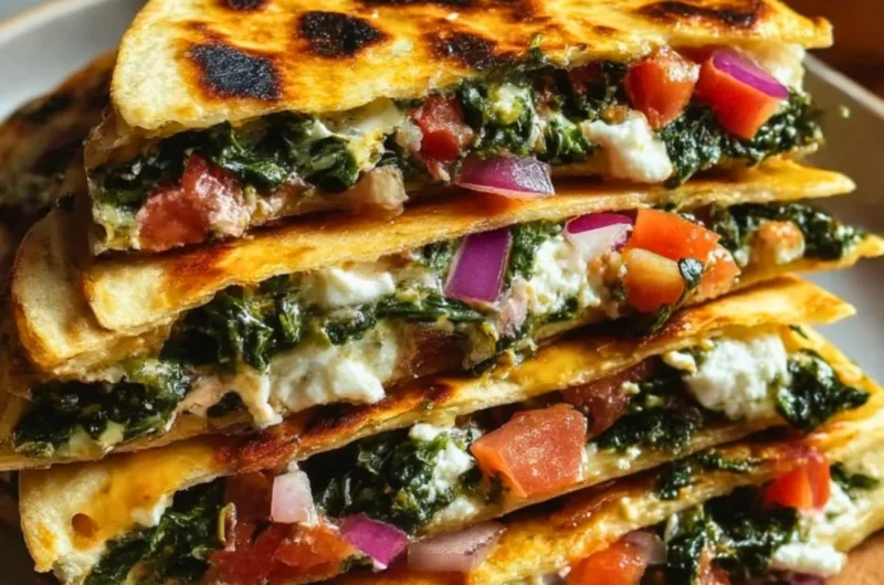 Mediterranean Quesadillas with spinach, feta, mozzarella, and red onion