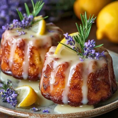 Mini lemon cakes glazed with lavender, perfect for dessert lovers.