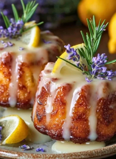 Mini lemon cakes glazed with lavender, perfect for dessert lovers.