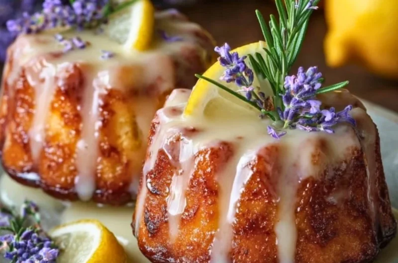 Mini lemon cakes glazed with lavender, perfect for dessert lovers.