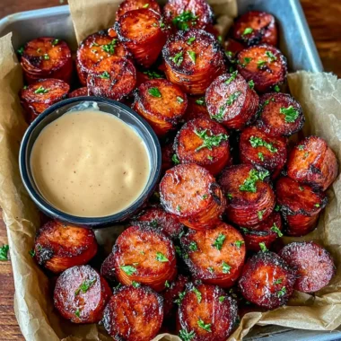 Delicious Mustard Hasselback Kielbasa Bites served on a platter