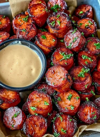 Delicious Mustard Hasselback Kielbasa Bites served on a platter