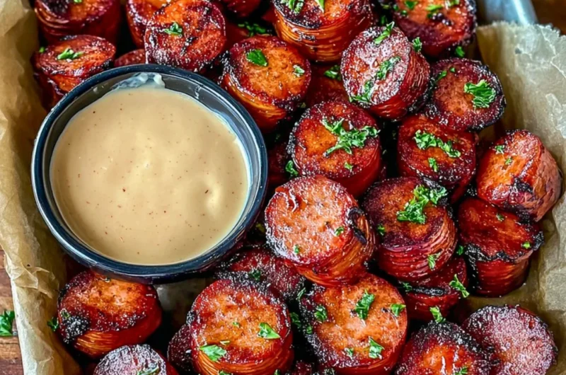 Delicious Mustard Hasselback Kielbasa Bites served on a platter