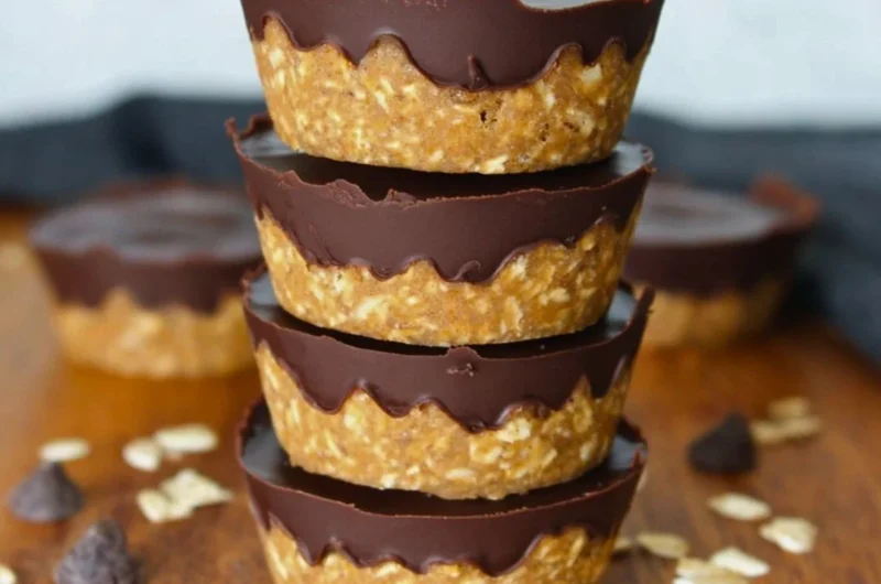 No bake peanut butter oat cups with chocolate drizzle and oats