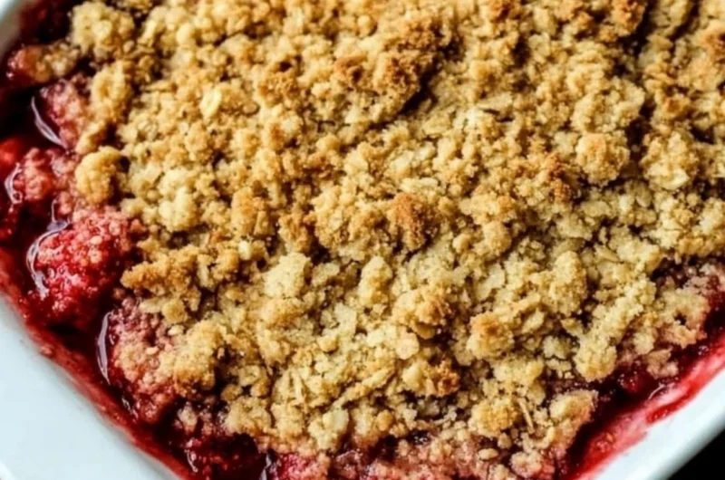 Delicious old-fashioned strawberry rhubarb crisp with a crunchy topping.