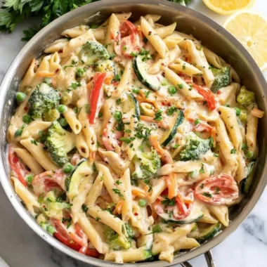 Vibrant Pasta Primavera with fresh vegetables, ideal for a healthy meal.