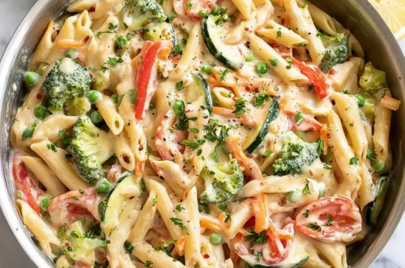 Vibrant Pasta Primavera with fresh vegetables, ideal for a healthy meal.