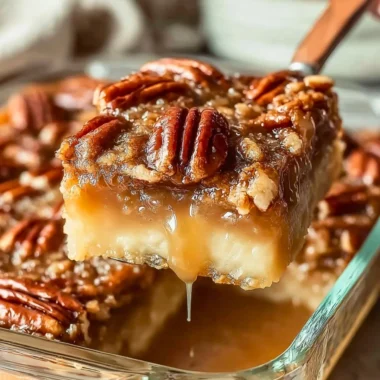 Pecan pie dump cake topped with pecans and caramel drizzle