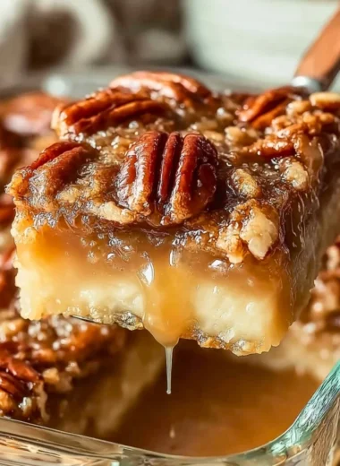 Pecan pie dump cake topped with pecans and caramel drizzle