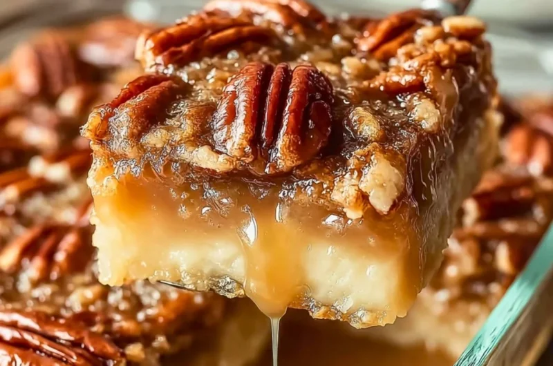 Pecan pie dump cake topped with pecans and caramel drizzle
