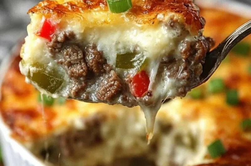 Philly Cheesesteak Bowl with steak, peppers, and cheese in a vibrant dish