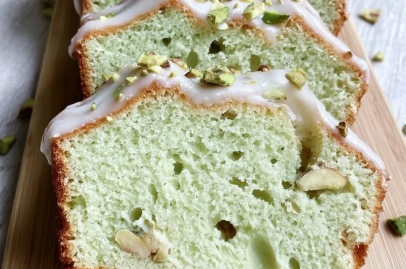 Delicious slice of Pistachio Pudding Bread with nuts on top