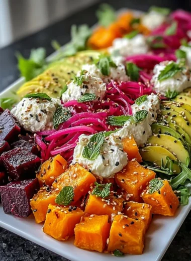 Roasted beet salad with sweet potato, avocado, whipped ricotta, and lemon-tahini drizzle
