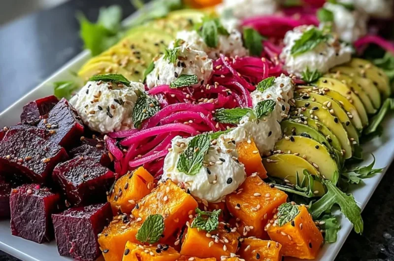 Roasted beet salad with sweet potato, avocado, whipped ricotta, and lemon-tahini drizzle