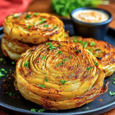 Roasted cabbage steaks topped with spices and herbs on a wooden table