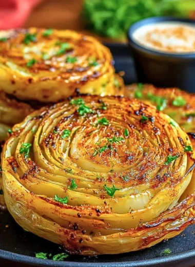Roasted cabbage steaks topped with spices and herbs on a wooden table