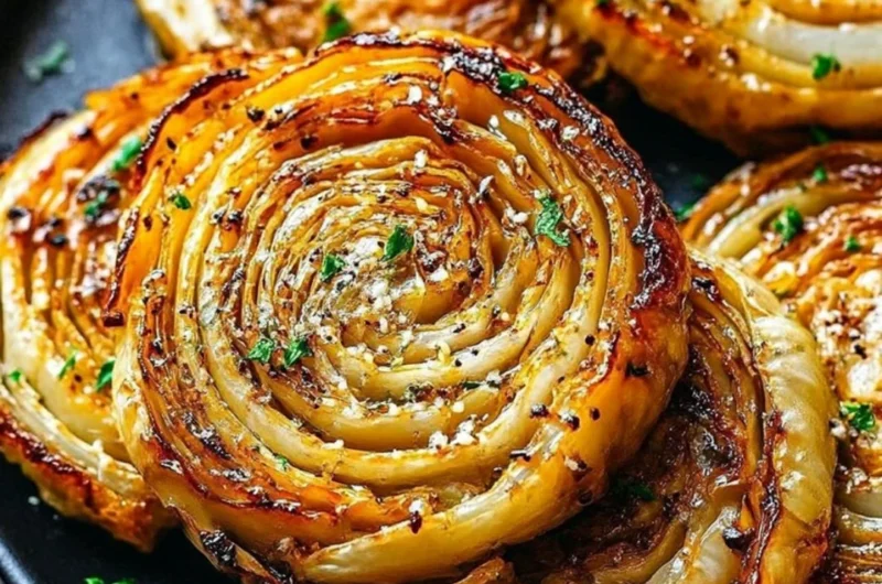 Oven-roasted cabbage steaks seasoned with herbs and spices