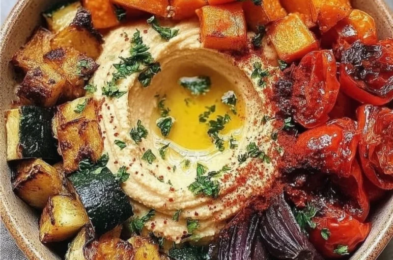 Delicious roasted veggie and hummus bowl with fresh ingredients