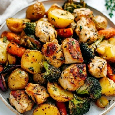 Sheet pan of lemon herb chicken accompanied by colorful vegetables