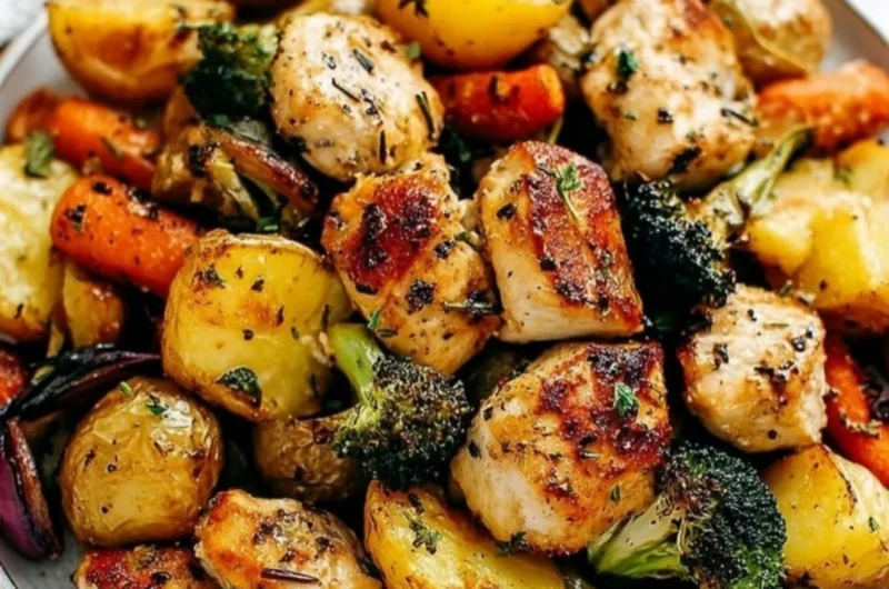 Sheet pan of lemon herb chicken accompanied by colorful vegetables