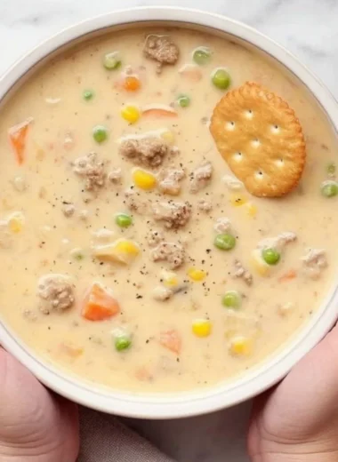 Delicious bowl of Shepherd's Pie Soup topped with fresh herbs.