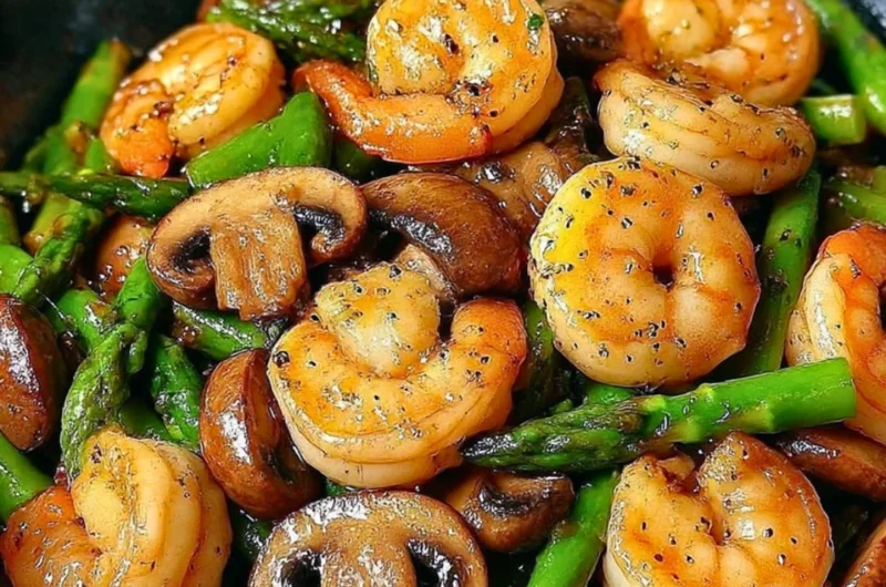 Shrimp stir-fry with asparagus and mushrooms in a colorful dish