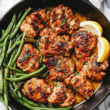 Skillet garlic butter chicken served with fresh green beans
