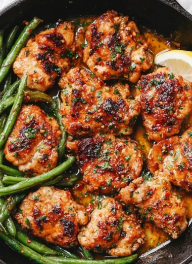Skillet garlic butter chicken served with fresh green beans