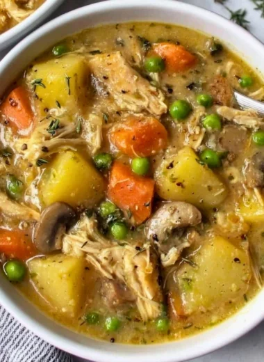 Delicious slow cooker chicken stew with vegetables in a bowl