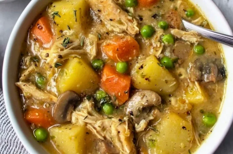 Delicious slow cooker chicken stew with vegetables in a bowl