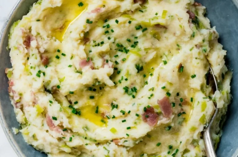 Delicious St. Patrick's Day colcannon with bacon, a traditional Irish potato dish.
