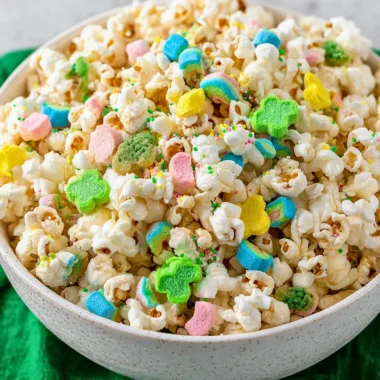 St. Patrick's Day themed loaded popcorn with green toppings and decorations.