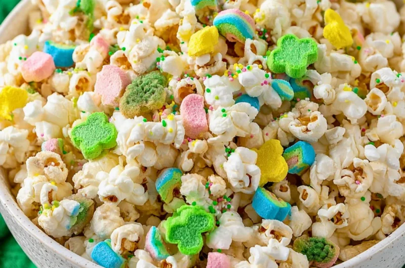 St. Patrick's Day themed loaded popcorn with green toppings and decorations.