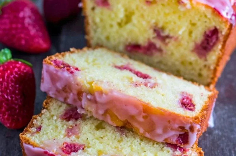 Delicious homemade Strawberry Pound Cake with fresh strawberries and a golden crust.
