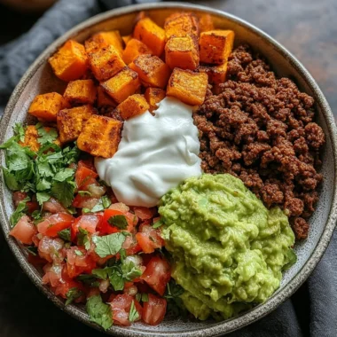 Delicious Sweet Potato Taco Bowl topped with fresh ingredients