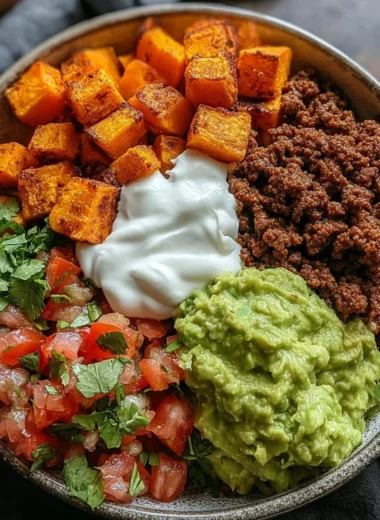 Delicious Sweet Potato Taco Bowl topped with fresh ingredients